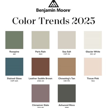 Barevné trendy roku 2025 pro interiérový design dle firmy Benjamin Moore.