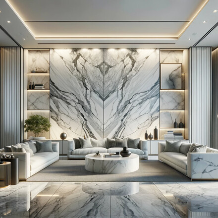 Inspirace - obklad stěny s použitím techniky bookmatch - přírodní kámen Calacatta.