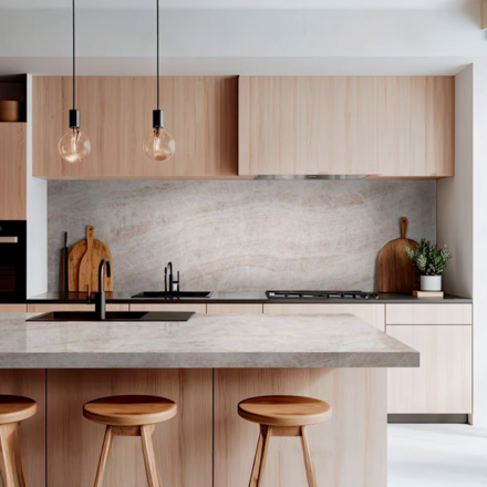 Kvarcit Taj Mahal v kuchyni vyniká svou krémovou barvou a jemnou strukturou, která harmonicky ladí s dřevěnými prvky. Zakázkové kamenictví TONE OF STONE.