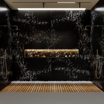 Luxusn&iacute; obklad koupelny z uměl&eacute;ho kamene Technistone Pearl Delta.