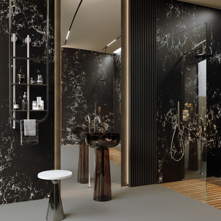 Obložen&iacute; stěny koupelny uměl&yacute;m kamenem Technistone Pearl Delta.