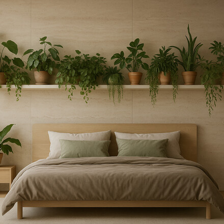 Obklad stěny v ložnici přírodním travertinem Travertino Romano Classico.