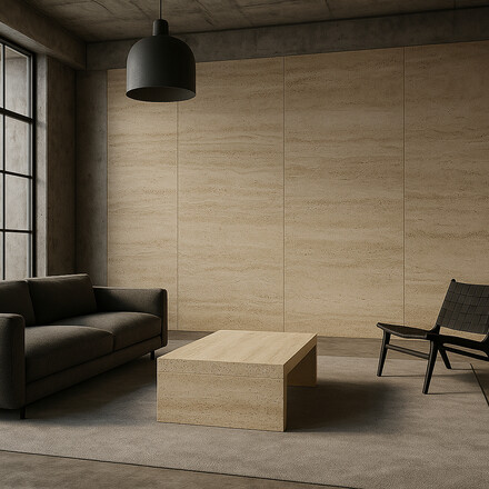 Obývací pokoj v industriálním stylu s prvky přírodního travertinu.