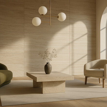 Elegantní obývací pokoj s obkladem stěn travertinem Travertino Romano Classico.