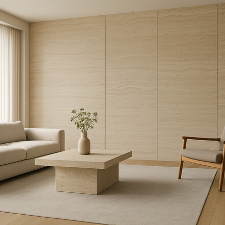 Obývací pokoj v boho stylu s konferenčním stolkem a obložením zdí přírodním kamenem Travertino Romano Classico.