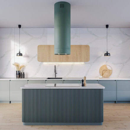 Kuchyně s kamennou deskou a obkladem stěny z umělého kamene Technistone Calacatta Pastino