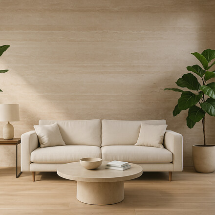 Minimalistický obývací pokoj v přírodním stylu doplněný o rustikální kámen Travertino Romano Classico.