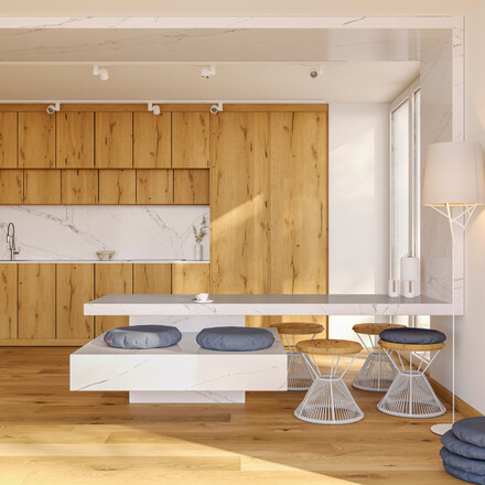 Kuchyně s pracovní deskou, ostrůvkem a obkladem stěny z umělého kamene Technistone Calacatta Serchio 