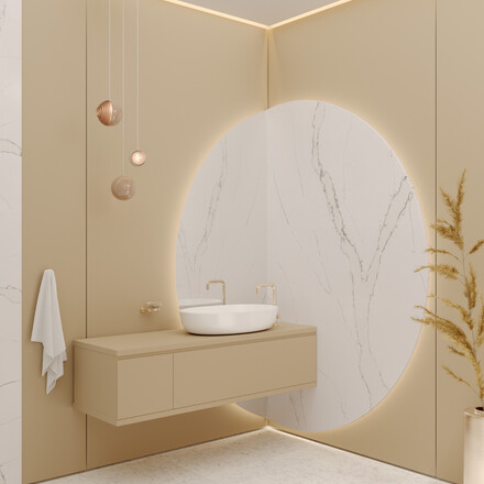 Návrh designového obkladu koupelny z kamene Technistone Calacatta Serchio 