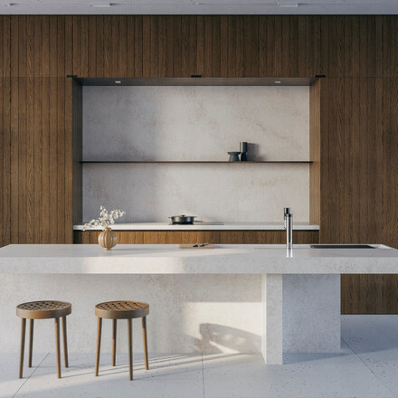 Kuchyně s kamennou deskou a ostrůvkem z kamene Technistone Country Rose