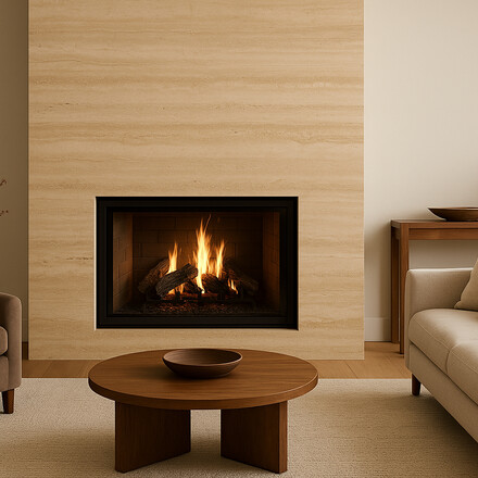 Minimalistický obývací pokoj v přírodním stylu doplněný o rustikální kámen Travertino Romano Classico.