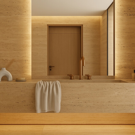 Obložení koupelny přírodním travertinem - práce na zakázku, kamenictví TONE OF STONE.