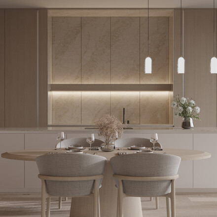 Pracovní deska, obklad stěny a kuchyňský ostrůvek z umělého kamene Technistone Glencoe