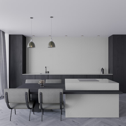 Kuchyňský ostrůvek a obklad stěny kuchyně z umělého kamene Technistone Imagine grey