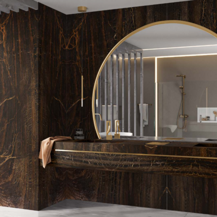 Vizualizace obkladu koupelny a koupelnové desky z kvarcitu Bronzite