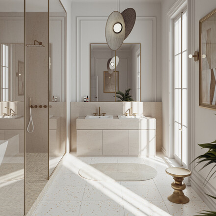 Koupelnový obklad z umělého kamene Technistone Taj Mahal Gold v krémovo béžových tónech s jemným žilkováním 