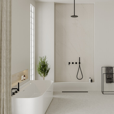 Bílý obklad stěny koupleny z umělého kamene Technistone Mistral White