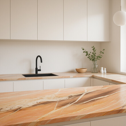 Kamenn&aacute; kuchyňsk&aacute; deska z př&iacute;rodn&iacute;ho kamene Splendido v růžov&eacute;m odst&iacute;nu - vizualizace