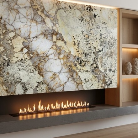 Obklad krbu z přírodního kvarcitu Patagonia v bookmatch kresbě