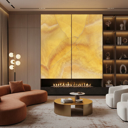 Podsvícený obklad krbu z onyxu Onice Gioiello