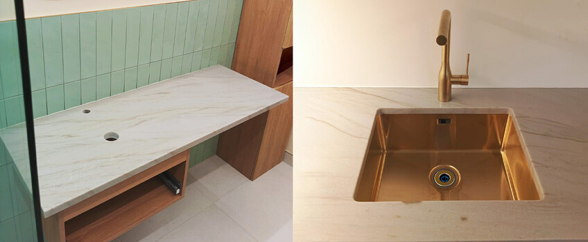 Realizace kamenné koupelnové desky a kuchyňské desky z kvarcitu Sky Gold