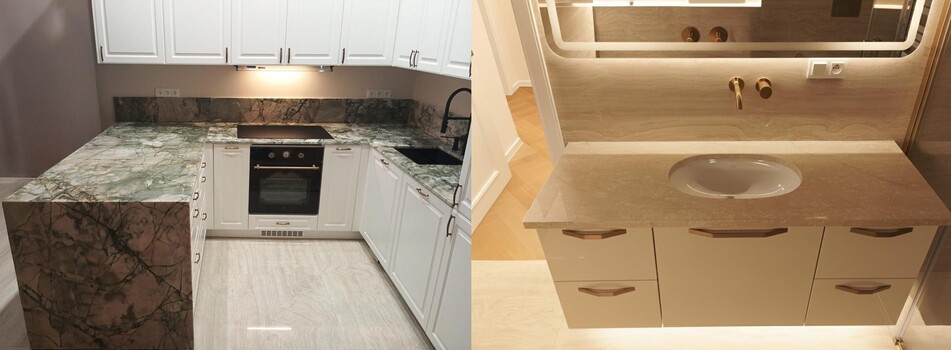 Realizace kuchyňské desky z kvarcitu Acqubella Verde a koupelnové desky z mramoru Botticino Classico