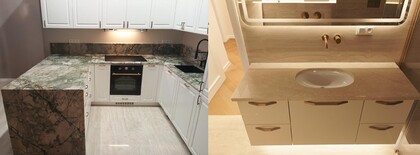 Realizace kuchyňské desky a obkladu ostrůvku z kvarcitu Acquabella Verde a koupelnové desky z mramoru Botticino Classico