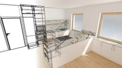 Grafický návrh kuchyně s kamennou pracovní deskou z luxusního kvarcitu Blue Roma